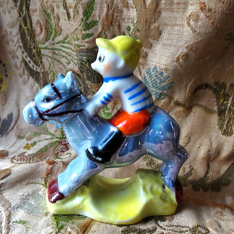 CUTE 1920s Children's Figural Toothbrush Holder, Jockey and Horse, Horse Racing, Blue Luster Hand Painted Porcelain, Collectible Vintage Tooth Brush Holders