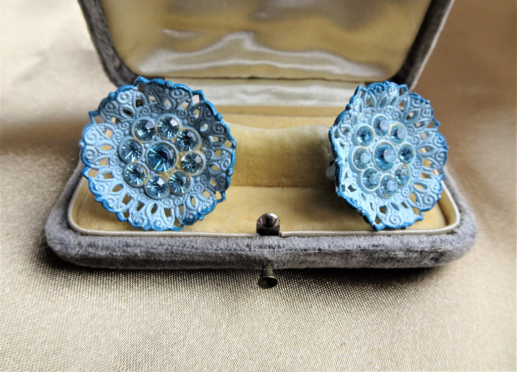 PRETTY Lace Like Metal Earrings, Sparkling Baby Blue Glass Stones, Clip On Earrings, Western Germany, Collectible Vintage Jewelry
