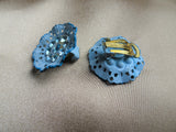 PRETTY Lace Like Metal Earrings, Sparkling Baby Blue Glass Stones, Clip On Earrings, Western Germany, Collectible Vintage Jewelry