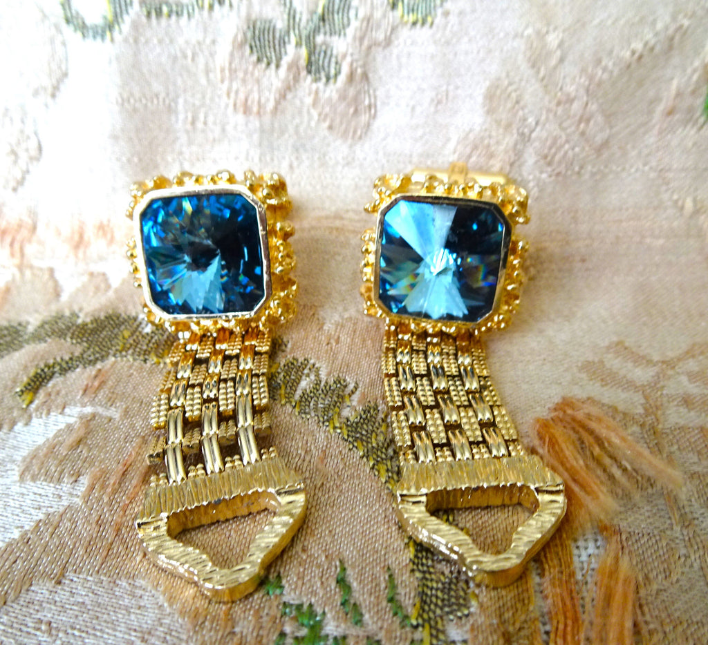 VINTAGE MCM Men's Cufflinks,Signed Senator,Sherman Jewelry,Wrap Cuff Links, Woven Gold Tone Mesh, Swarovski Crystals,Smoky Blue Rivoli Glass Stones, Collectible Vintage Cufflinks