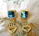VINTAGE MCM Men's Cufflinks,Signed Senator,Sherman Jewelry,Wrap Cuff Links, Woven Gold Tone Mesh, Swarovski Crystals,Smoky Blue Rivoli Glass Stones, Collectible Vintage Cufflinks