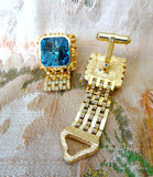 VINTAGE MCM Men's Cufflinks,Signed Senator,Sherman Jewelry,Wrap Cuff Links, Woven Gold Tone Mesh, Swarovski Crystals,Smoky Blue Rivoli Glass Stones, Collectible Vintage Cufflinks