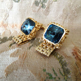 VINTAGE MCM Men's Cufflinks,Signed Senator,Sherman Jewelry,Wrap Cuff Links, Woven Gold Tone Mesh, Swarovski Crystals,Smoky Blue Rivoli Glass Stones, Collectible Vintage Cufflinks