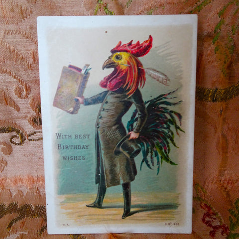 FABULOUS Antique Victorian Birthday Card, Chromolithograph Card, Dressed Rooster, Beautiful card, Suitable To Frame, Collectible Cards