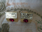 VINTAGE Men's Cufflinks, Engraved Gold Tone with Ruby Red Glass Stones Links, Mid Century Design, Collectible Vintage Cufflinks