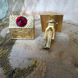 VINTAGE Men's Cufflinks, Engraved Gold Tone with Ruby Red Glass Stones Links, Mid Century Design, Collectible Vintage Cufflinks