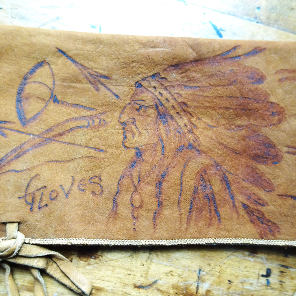 WONDERFUL Antique Suede Glove Case, Pyrography Art Native Indian Chief, Souvenir Glove Case, Collectible