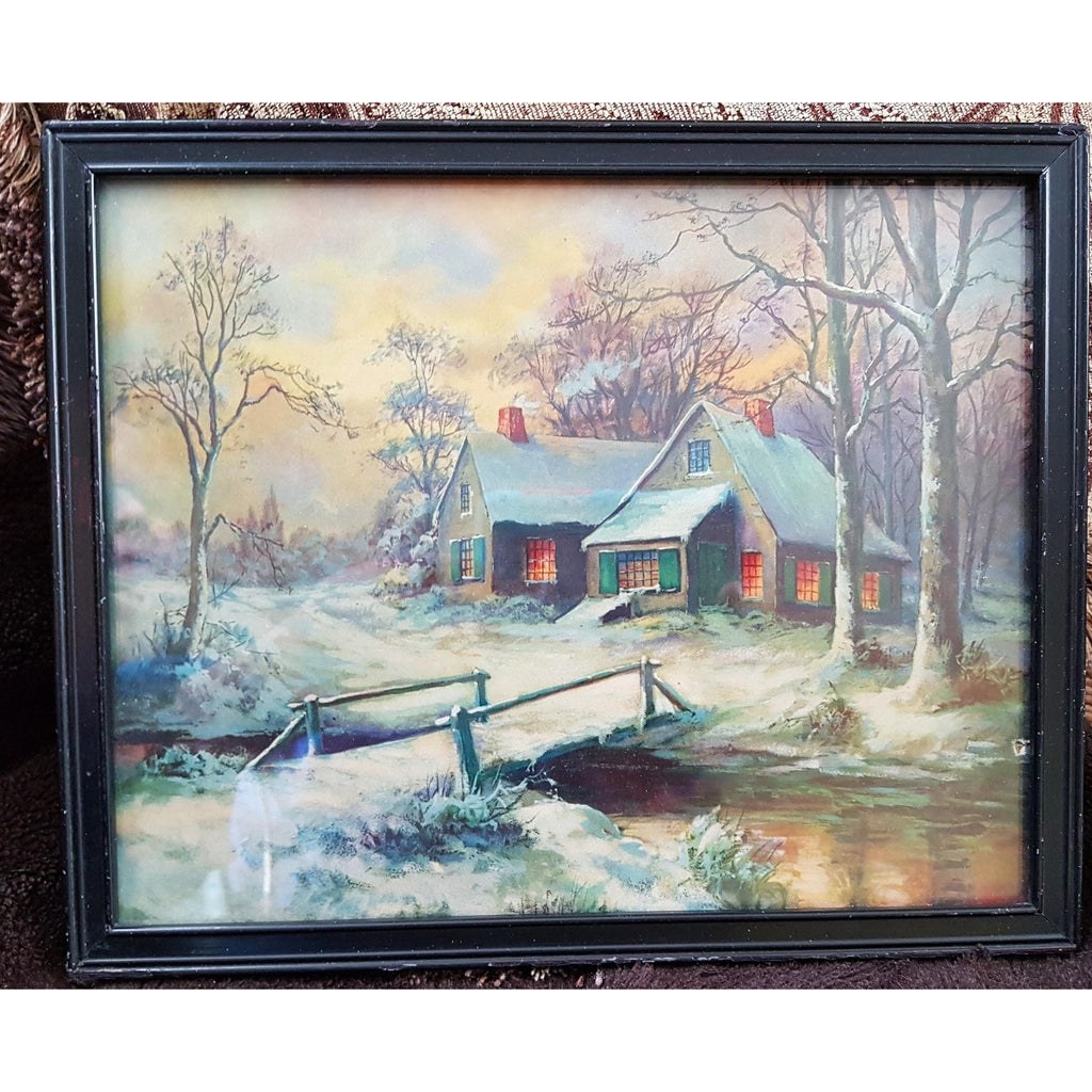 ANTIQUE 1920s Romantic Charming Framed Print, Cozy Winter Scene Picure ,Thomas Kinkade, Farm House Decor, Collectible Winter Scenes,Wall art