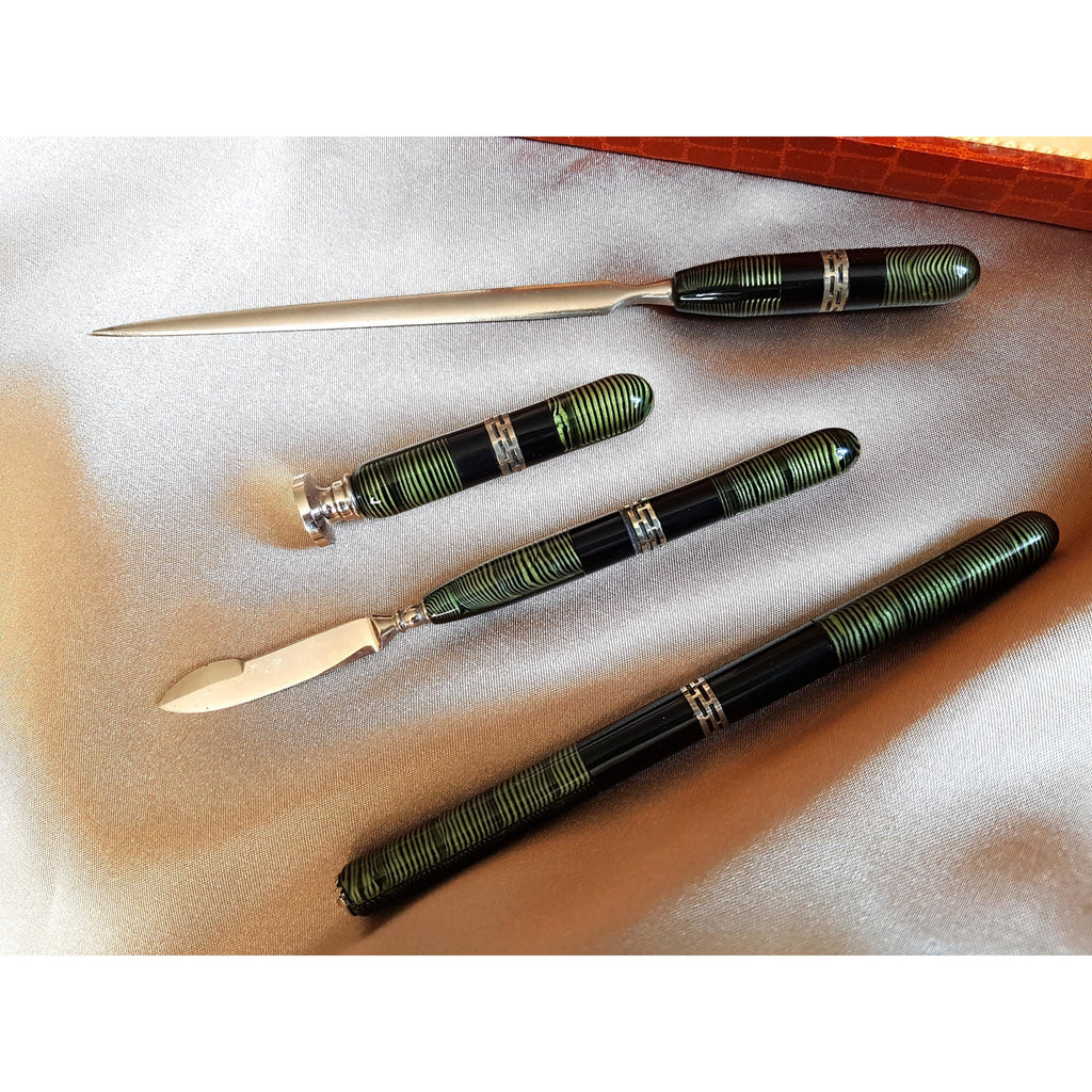 1920s ART DECO Bakelite Like 4 Pc Writing Desk Set, Openwork Silver Bands Inlay, Wax Seal Never Engraved, Antique Boxed Writing Set