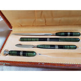 1920s ART DECO Bakelite Like 4 Pc Writing Desk Set, Openwork Silver Bands Inlay, Wax Seal Never Engraved, Antique Boxed Writing Set