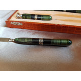 1920s ART DECO Bakelite Like 4 Pc Writing Desk Set, Openwork Silver Bands Inlay, Wax Seal Never Engraved, Antique Boxed Writing Set