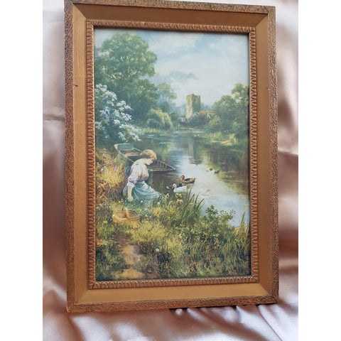 BEAUTIFUL R Atkinson Fox Like Print,Framed Print,Gorgeous Colors,River Castle Scene,Original Frame, Edwardian Frame,Decorative Vintage Print