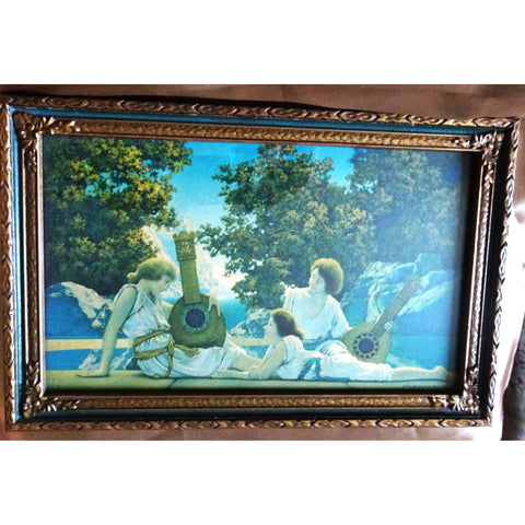 GORGEOUS Antique Maxfield Parrish Art Deco Vintage Framed Print, The Lute Players Lithograph 1924 House of Art NY, Beautiful Original Frame