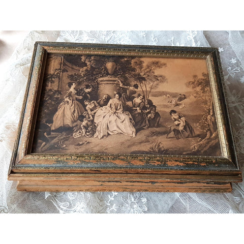 BEAUTIFUL French Antique Box,Jewelry Box,Trinket Box,Make Up Box,Vanity Display,Lovely Watteau Scene,French Chateau Decor, Collectible Boxes