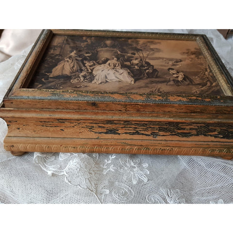 BEAUTIFUL French Antique Box,Jewelry Box,Trinket Box,Make Up Box,Vanity Display,Lovely Watteau Scene,French Chateau Decor, Collectible Boxes