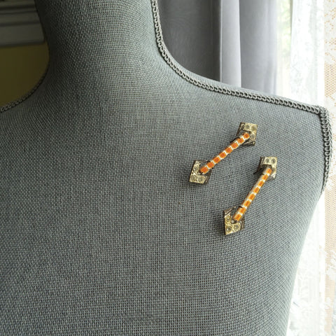 UNIQUE Pair of ART DECO Pins, Cut Glass and Embossed Metal, 1920s-30s Brooches, Collectible Vintage Jewelry