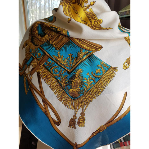 STRIKING Equestrian Silk Scarf,Pierre Baccara,Selles de Parade,Designer Scarf,LOVELY Colors,Wear It or Frame It,Collectible Vintage Scarves