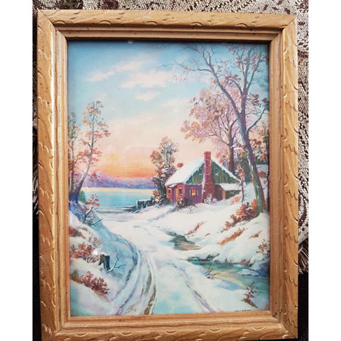 CHARMING Vintage Framed Print, Cabin in the Winter,Very Thomas Kinkade Style,Gold Carved Frame, Colorful Decorative Picture,Vintage Wall Art