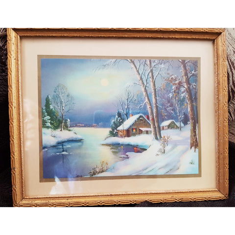 DECORATIVE Vintage Framed Print,Cabin in the Moonlight Winter,Thomas Kinkade Style,Carved Frame,Colorful Decorative Picture,Vintage Wall Art