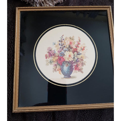 ART DECO Framed Floral Print,Reverse Painted Glass and Litho, Antique Wood Frame,Beautiful Colors, Cottage Decor,Decorative,Vintage Wall Art