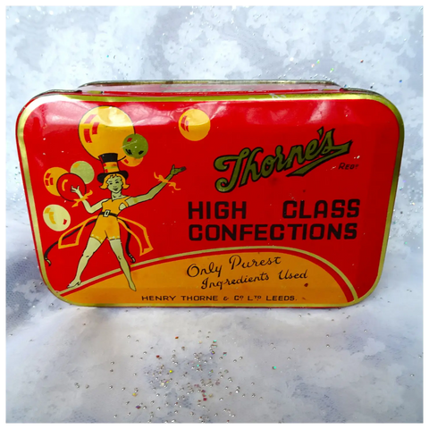 RARE 1930s English Candy Tin, Thorne's High Class Confections Tin, Rare Shape, Great Graphics, Collectible British Candy Tins