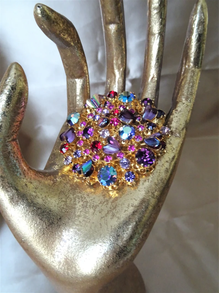 DAZZLING Art Glass Large Brooch, Pinks Purples, Glass Stones, Heart Shape Art Glass Stones, MCM Jewelry, Collectible Vintage Jewelry