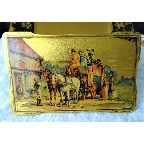 VINTAGE English Candy Tin,Hinged Lid Tin,Gold Coaching Scene,Luxury Litho Box,Vintage Advertising,Canisters,Tin Boxes,Collectible Tins