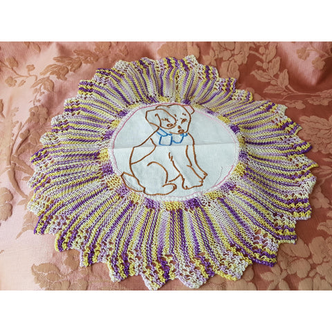 ADORABLE 1920s-30s Embroidered Puppy Dog Doily,Cute To Frame,Lovely Purple Yellow Crochet Lace,Dog Lover Gift,Children's Room,Unique Doilies