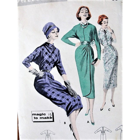 50s STUNNING Slim Dress Pattern Butterick 8268 Wiggle Slim Dolman Sleeve Sheath Dress Bust 34 Easy To Make Vintage Sewing Pattern