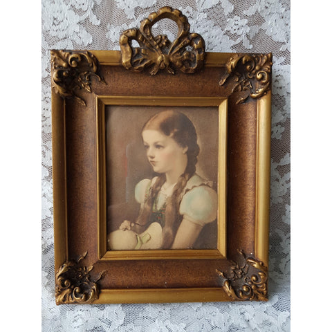 BEAUTIFUL Vintage 1920s Ornate Ribbon Bow Design Frame, Framed Lithograph 'Peggy' Picture,Lovely Gilt Frame,Bow Decorated Frame