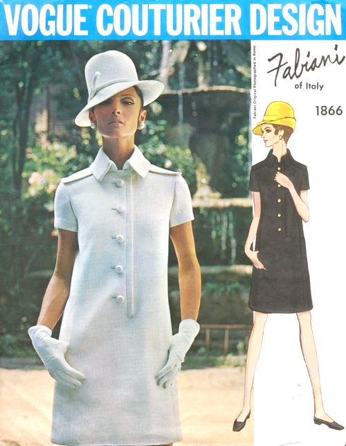 60s FABIANI Slim Dress Pattern VOGUE COUTURIER Design 1866 Front Button Epaulettes, Stand Up Collar Bust 32 Vintage Sewing Pattern