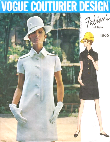 60s FABIANI Slim Dress Pattern VOGUE COUTURIER Design 1866 Front Button Epaulettes, Stand Up Collar Bust 32 Vintage Sewing Pattern