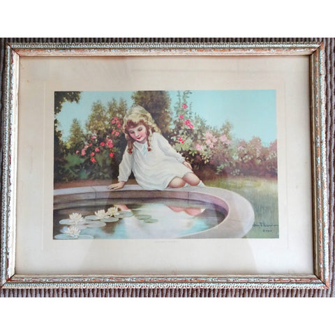 BEAUTIFUL 1920s Print,Lovely Little Girl, 'Golden Hours' Romantic  Décor, Original Frame,Soft Colors,Sweet Print Special Gift,Vintage Prints