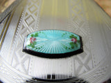 1920s ART DECO Compact Silver Purse, Carry All Purse,GORGEOUS Art Deco Elgin COMPACT Vanity Purse 20s Flapper Era,Engraved ,Pink Roses Blue Guilloche Enamel, Fancy Chain Evening Purse,Collectible Powder Compacts, Collectible Flapper Purses, Vanity Items