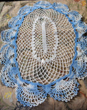 CHARMING Vintage Center Piece Doily, Table Topper, Large Oval Doily,Pretty Blue, Creamy White, Hand Crocheted Doily, Farmhouse Decor, French Country Cottage,Unique Design,Collectible Lace Doilies