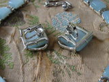 BEAUTIFUL 1950s Signed Designer CORO Blue Lucite Thermoset Panel Necklace and Earrings Set,Light Blue Moon Glow, Silver Tone Metal Necklace, Wear or Collect Vintage Costume Jewelry, Collectible Jewelry
