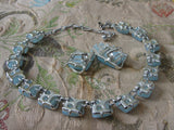 BEAUTIFUL 1950s Signed Designer CORO Blue Lucite Thermoset Panel Necklace and Earrings Set,Light Blue Moon Glow, Silver Tone Metal Necklace, Wear or Collect Vintage Costume Jewelry, Collectible Jewelry