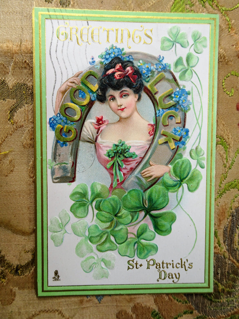 1910s BEAUTIFUl Embossed St Patricks Day Postcard,Lovely Lady, Good Luck Card, Tuck's Post Card, Collectible Postcards, Antique Postcards
