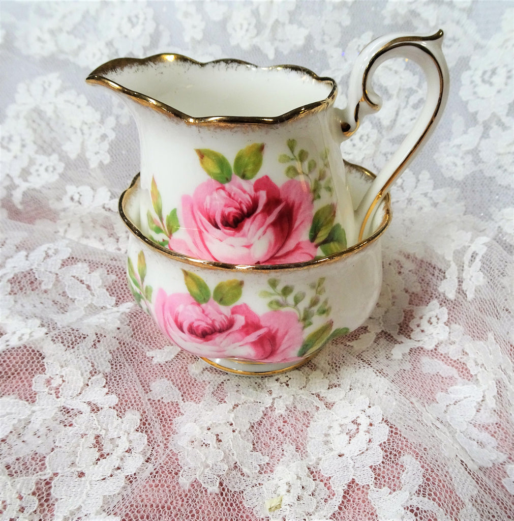 BEAUTIFUL Lush Pink Roses AMERICAN BEAUTY Royal Albert English Bone China Cream Jug Creamer and Open Sugar Bowl Romantic Cottage Brocante Decor Tea Table, Bridal Showers,Weddings