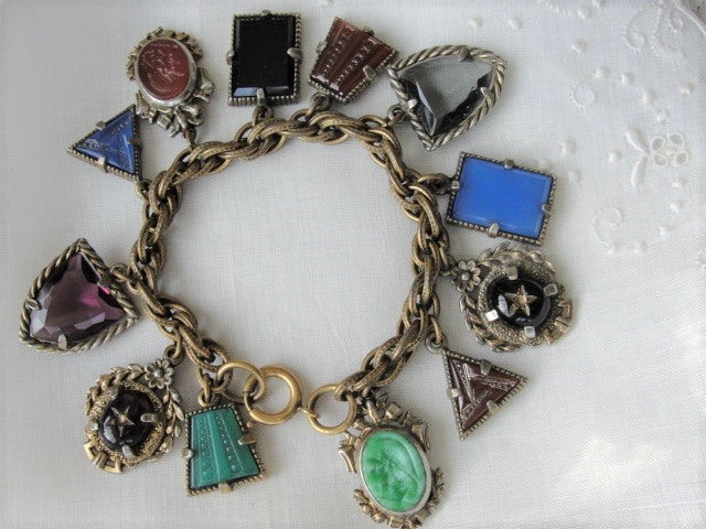 STUNNING Art Deco Czech Glass FOB Charm Bracelet 12 Detailed Watch Fobs,Quality 1920s-30s Unique Bracelet,Collectible Czech Glass Jewelry