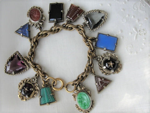STUNNING Art Deco Czech Glass FOB Charm Bracelet 12 Detailed Watch Fobs,Quality 1920s-30s Unique Bracelet,Collectible Czech Glass Jewelry