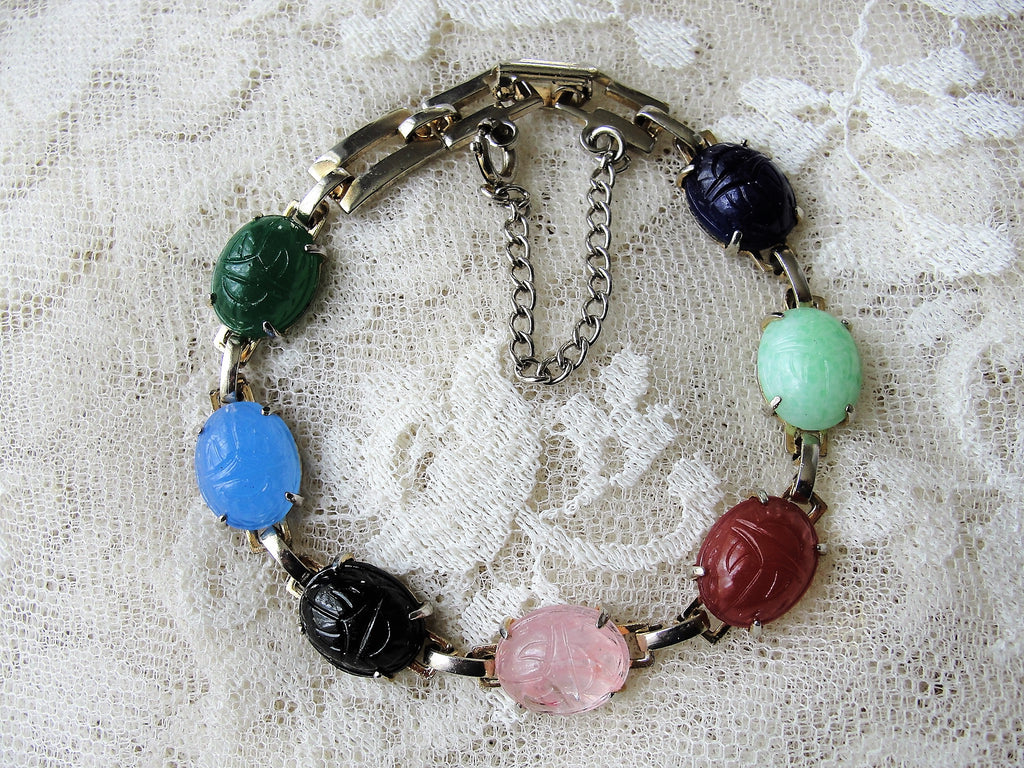 BEAUTIFUL King Tut Glass Bracelet,Scarab Fashion,Glass Scarab Stones Bracelet,Silver Tone Metal,Hieroglyphics,Archaeological Style Jewelry