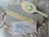 VINTAGE Sweet Hand Painted Baby Hair Brush Comb Set, FRENCH Ivory Celluloid, Pink Blue White ROSES Flowers, Baby Shower Gift, Doll Prop, Vanity,Collectible Vintage Baby Items