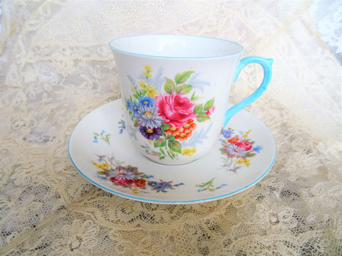 BEAUTIFUL English Bone China Teacup and Saucer, Signed Shelley H Pardoe, Blue Hand Painted Trim, Lush Floral Cup and Saucer, Collectible Vintage Teacups
