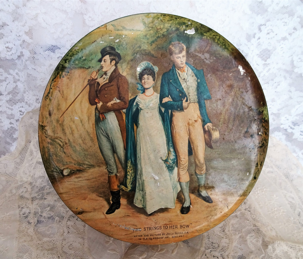 BEAUTIFUL Antique Huntley and Palmers English Biscuit Tin,Regency Pretty Girl and 2 Handsome Men, Collectible Antique Tins