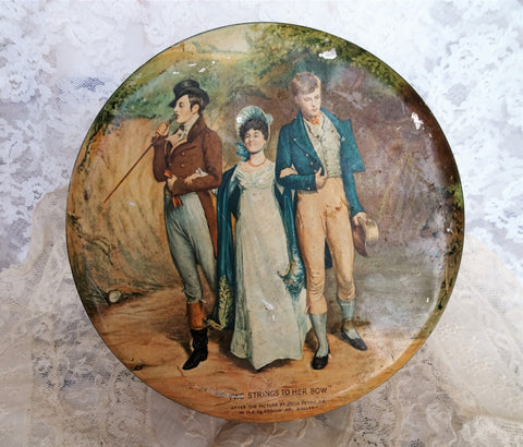 BEAUTIFUL Antique Huntley and Palmers English Biscuit Tin,Regency Pretty Girl and 2 Handsome Men, Collectible Antique Tins