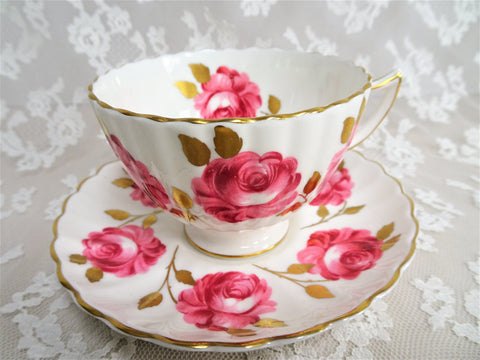 SUMPTUOUS Pink Cabbage Roses Teacup and Saucer, English Bone China, Radfords, Gold Leaves, Collectible Vintage Cups and Saucers