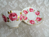 SUMPTUOUS Pink Cabbage Roses Teacup and Saucer, English Bone China, Radfords, Gold Leaves, Collectible Vintage Cups and Saucers