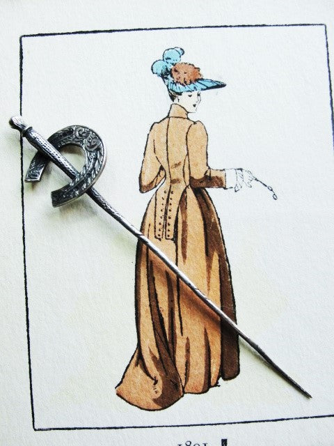 CLASSIC Victorian Equestrian Riding Stick Pin Ascot Lapel Tie Pin Riding Habit Engraved Horseshoe Use As Hatpin Sterling Silver Jewelry