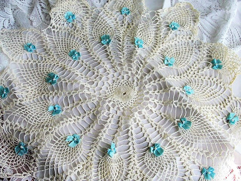 AMAZING Huge Doily or Centerpiece, Vintage Hand Crocheted Beautiful Table Topper Creamy White Applied BLUE Ribbons and Pearls, Unique Doilies